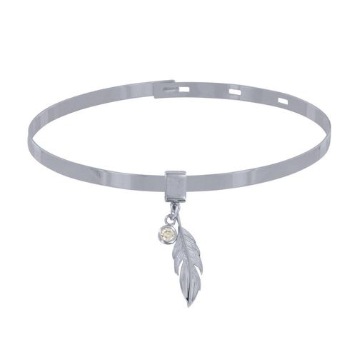 Les Poulettes Bijoux - Bracelet Argent Rhodié Jonc Plat Fermeture Crochet Breloques Plume Et Strass