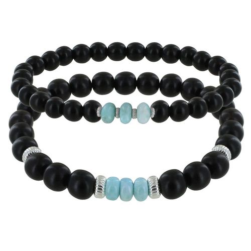 Les Poulettes Bijoux - Duo Bracelets Homme Et Femme Perles D'ebènes Et Trois Anneaux De Larimar