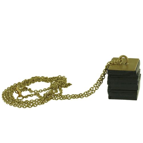 Les Poulettes Bijoux - Collier Cube En Laiton Et Verre Feuilleté Noir
