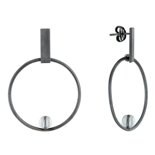 Les Poulettes Bijoux - Boucles D'oreilles Clous Ruthénium Rectangle Plat Cercle Et Perle De Verre