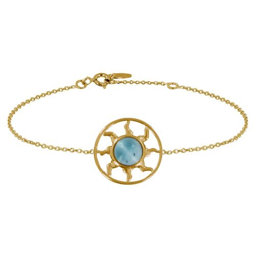 Les Poulettes Bijoux - Bracelet Plaqué Or Médaille Ronde Soleil Ajouré Et Demi Perle De Larimar