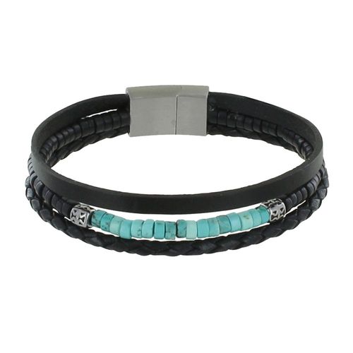 Les Poulettes Bijoux - Bracelet Acier Homme Cuir Noir Trois Liens Et Anneaux Howlite Turquoise