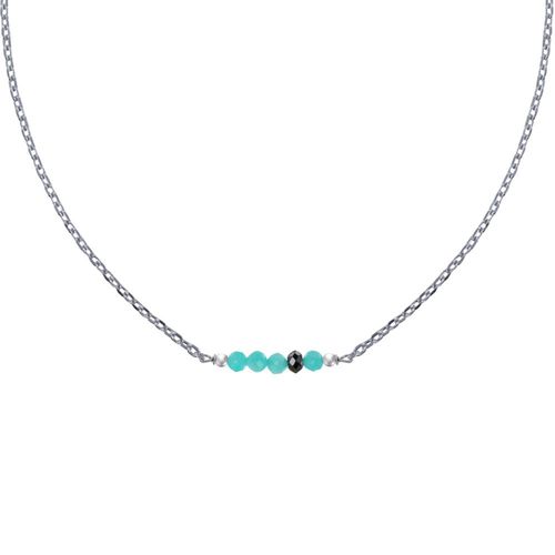 Les Poulettes Bijoux - Collier Chaine Argent Rhodié Quatre Perles Facettées D'amazonite Et Un Diamant Noir Facettée