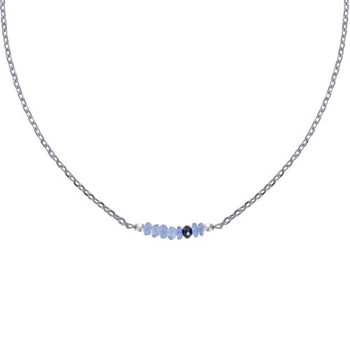 Les Poulettes Bijoux - Collier Chaine Argent Rhodié Sept Perles Facettées De Tanzanite Et Un Diamant Noir Facettée