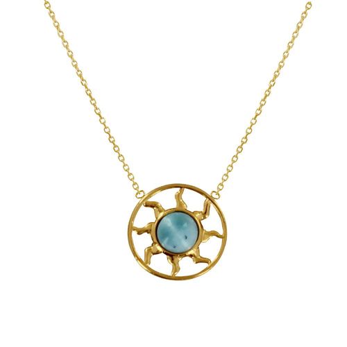 Les Poulettes Bijoux - Collier Plaqué Or Médaille Ronde Soleil Ajouré Et Demi Perle De Larimar