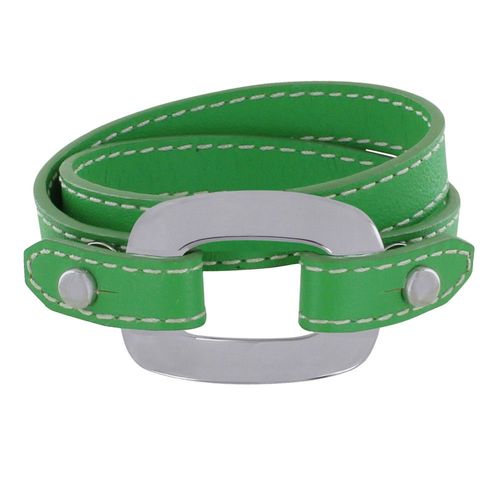 Les Poulettes Bijoux - Bracelet Double Tour Cuir Et Maille Rectangle Plate Argent 925