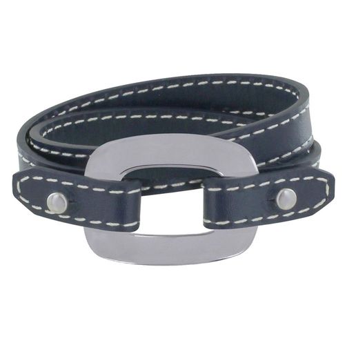 Les Poulettes Bijoux - Bracelet Double Tour Cuir Et Maille Rectangle Plate Argent 925
