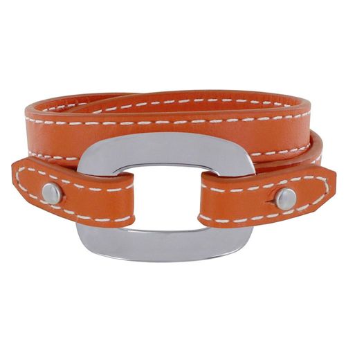 Les Poulettes Bijoux - Bracelet Double Tour Cuir Et Maille Rectangle Plate Argent 925