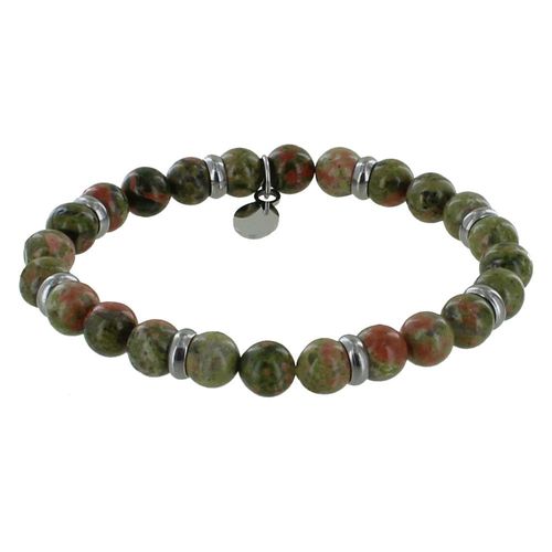 Les Poulettes Bijoux - Bracelet Elastique Anneau Acier Et Perles Unakite