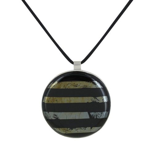 Les Poulettes Bijoux - Collier Argent Et Pendentif Rond Pâte De Verre Rayé Noir