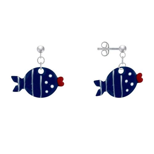 Les Poulettes Bijoux - Boucles D'oreilles Argent Petit Poisson À Pois Et Lignes Emaillées
