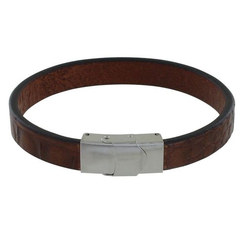 Les Poulettes Bijoux - Bracelet Homme Cuir Large Marron Foncé Marquage Croco