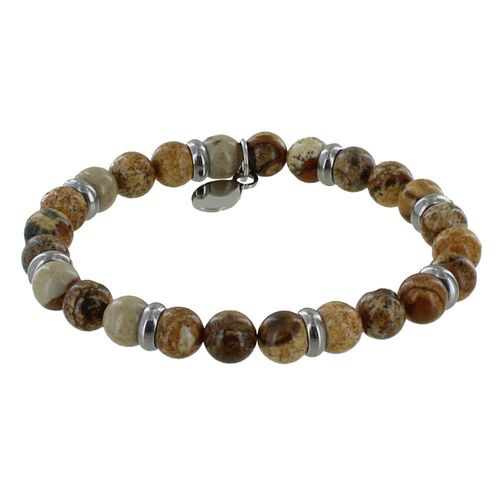 Les Poulettes Bijoux - Bracelet Elastique Anneau Acier Et Perles Jaspe Marron