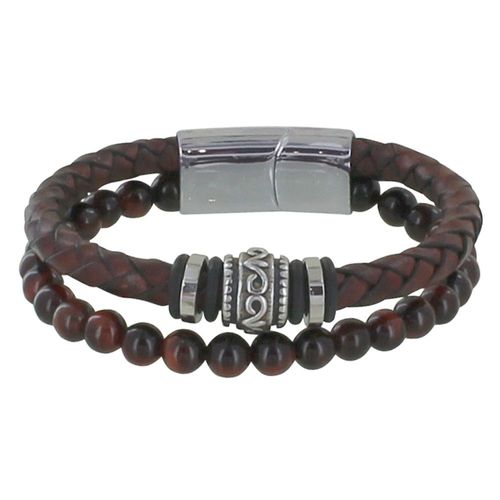 Les Poulettes Bijoux - Bracelet Acier Homme Cuir Marron Foncé Et Perles Oeil De Tigre Rouge