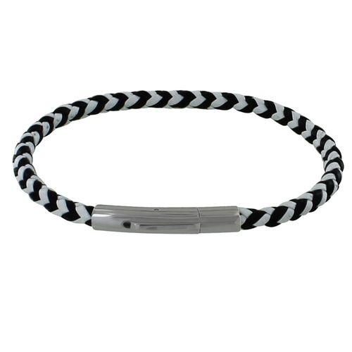 Les Poulettes Bijoux - Bracelet Homme Cuir Tréssé Rond Bicolore Noir Et Blanc