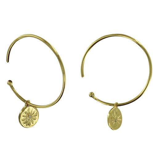 Les Poulettes Bijoux - Boucles D'oreilles Plaqué Or Demi Créoles Médaille Ronde Soleil Et Strass