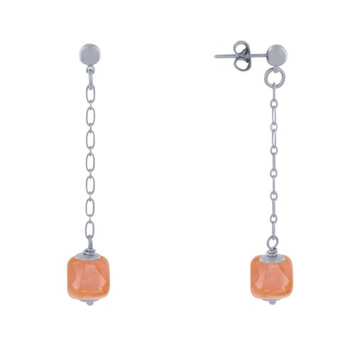 Les Poulettes Bijoux - Boucles D'oreilles Chainette Laiton Argenté Et Cube En Céramique