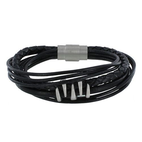 Les Poulettes Bijoux - Bracelet Acier Homme Cuir Noir Et Griffe