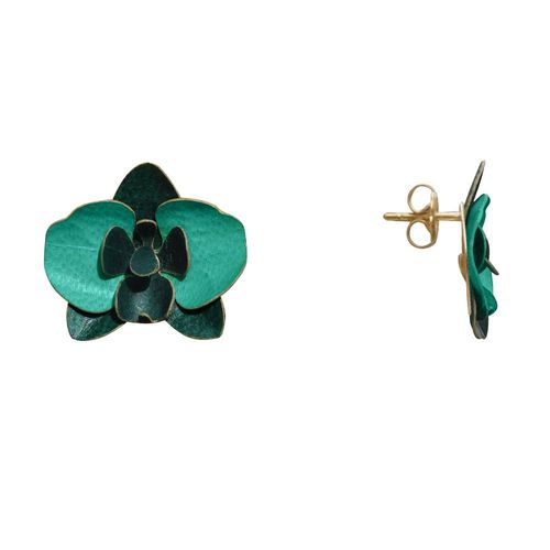 Les Poulettes Bijoux - Boucles D'oreilles Clous Laiton Orchidée En Cuir