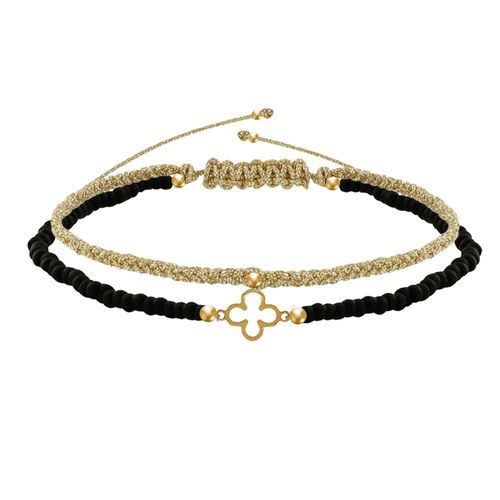 Les Poulettes Bijoux - Bracelet Duo Trèfle Or 9 Carats Perles Et Lien Tréssé Doré