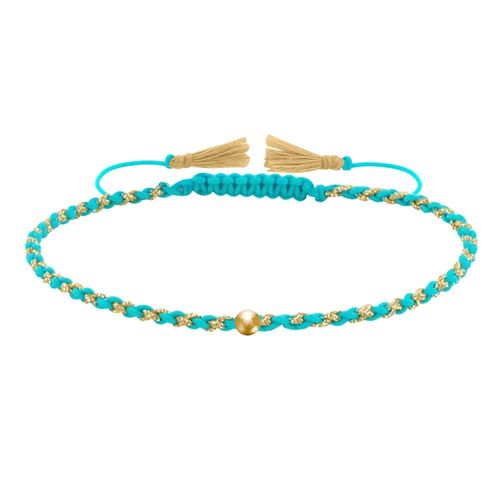 Les Poulettes Bijoux - Bracelet Lien Tréssé Rond Bicolore Lurex Doré Et Une Perle Or 14 Carats