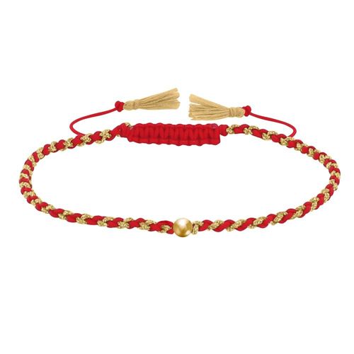 Les Poulettes Bijoux - Bracelet Lien Tréssé Rond Bicolore Lurex Doré Et Une Perle Or 14 Carats