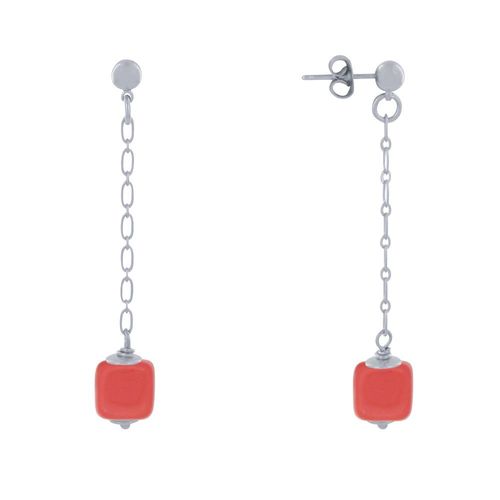 Les Poulettes Bijoux - Boucles D'oreilles Chainette Laiton Argenté Et Cube En Céramique