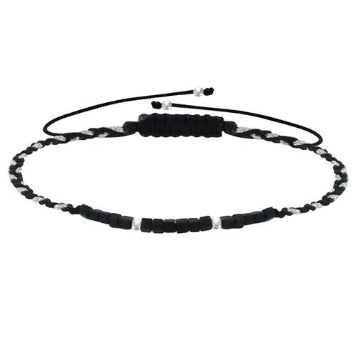 Les Poulettes Bijoux - Bracelet Lien Tréssé Plat Bicolore Lurex Perles Noires Et Perles Argent 925