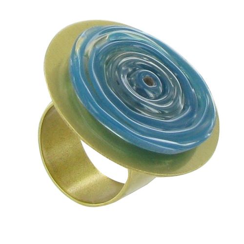 Les Poulettes Bijoux - Bague Disque En Laiton Pâte De Verre Bleu Mer