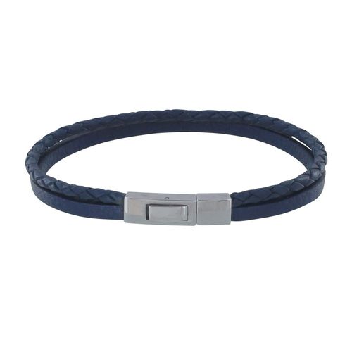 Les Poulettes Bijoux - Bracelet Acier Homme Cuir Plat Texturé Et Tréssé Rond Bleu Navy