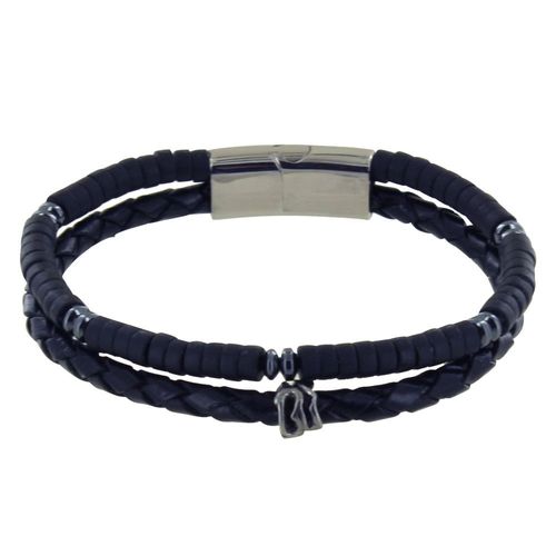 Les Poulettes Bijoux - Bracelet Acier Homme Cuir Noir Et Anneaux D'onyx Noir