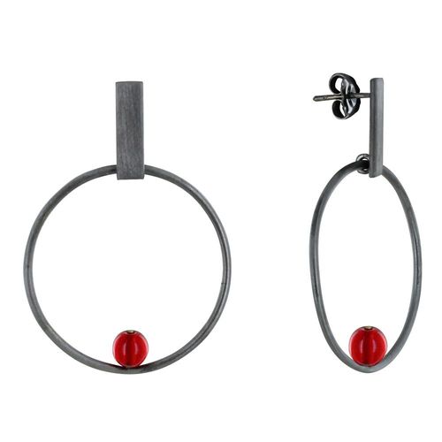 Les Poulettes Bijoux - Boucles D'oreilles Clous Ruthénium Rectangle Plat Cercle Et Perle De Verre