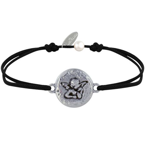 Les Poulettes Bijoux - Bracelet Lien Médaille Ronde Martelée Laiton Argenté Ange Raphaël