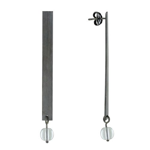 Les Poulettes Bijoux - Boucles D'oreilles Clous Ruthénium Rectangle Plat Et Perle De Verre