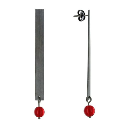 Les Poulettes Bijoux - Boucles D'oreilles Clous Ruthénium Rectangle Plat Et Perle De Verre