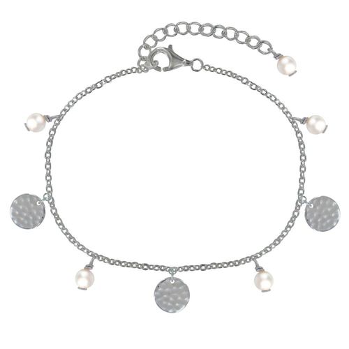 Les Poulettes Bijoux - Bracelet Argent Rhodié Perles Blanches Et Pastilles Martelées