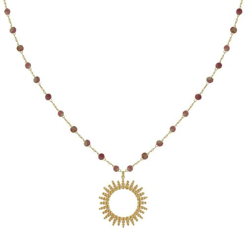 Les Poulettes Bijoux - Collier Plaqué Or Soleil De Billes Ajouré Et Perles Facettées Tourmaline Rose
