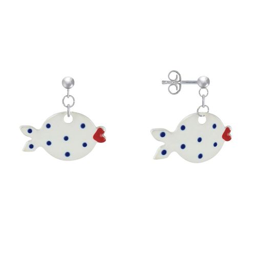 Les Poulettes Bijoux - Boucles D'oreilles Argent Petit Poisson À Pois Emaillée