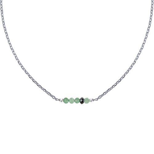Les Poulettes Bijoux - Collier Chaine Argent Rhodié Quatre Perles Facettées D'aventurine Et Un Diamant Noir Facettée