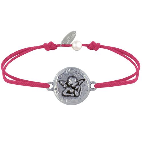 Les Poulettes Bijoux - Bracelet Lien Médaille Ronde Martelée Laiton Argenté Ange Raphaël