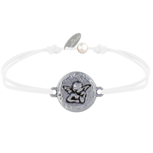 Les Poulettes Bijoux - Bracelet Lien Médaille Ronde Martelée Laiton Argenté Ange Raphaël