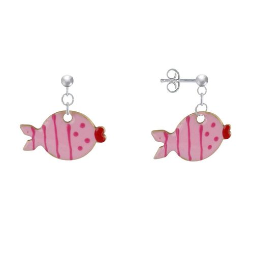 Les Poulettes Bijoux - Boucles D'oreilles Argent Petit Poisson À Pois Et Lignes Emaillées