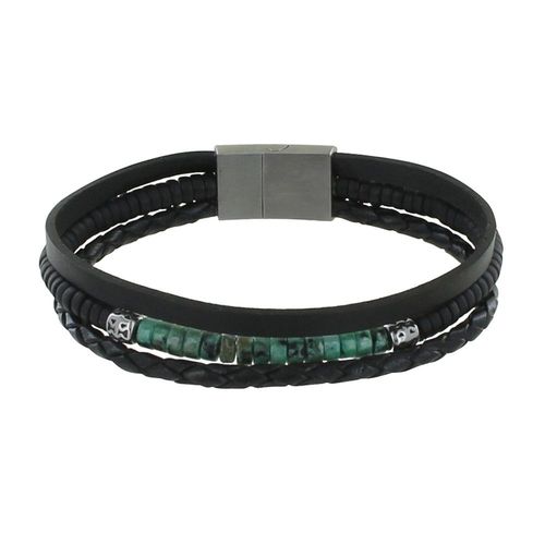 Les Poulettes Bijoux - Bracelet Acier Homme Cuir Noir Et Anneaux Howlite Verte