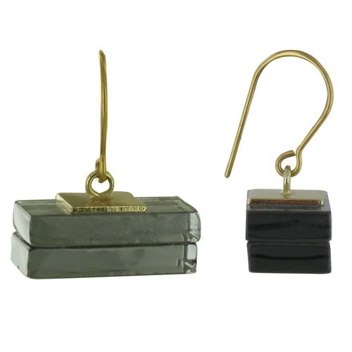 Les Poulettes Bijoux - Boucles D'oreilles Rectangle En Laiton Et Feuilleté En Verre Noir