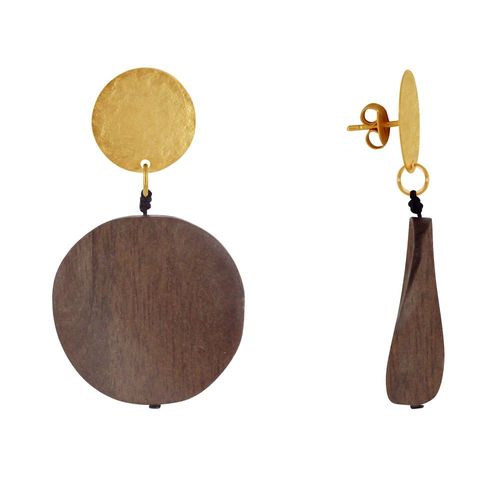 Les Poulettes Bijoux - Boucles D'oreilles Clous Laiton Mat Pastille Brossée Pétale Ronde En Bois