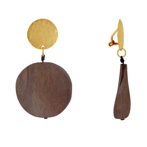 Les Poulettes Bijoux - Boucles D'oreilles Clip Laiton Mat Pastille Brossée Pétale Ronde En Bois