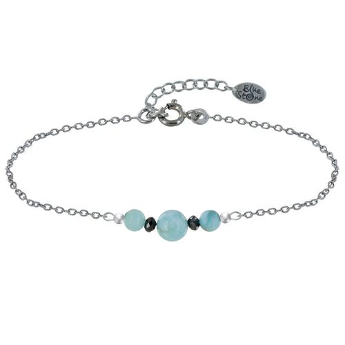 Les Poulettes Bijoux - Bracelet Chaine Argent Rhodié Trois Perles De Larimar Et Deux Diamants Noirs Facettées