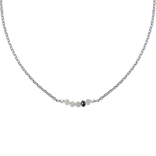 Les Poulettes Bijoux - Collier Chaine Argent Rhodié Quatre Perles Facettées De Labradorite Et Un Diamant Noir Facettée