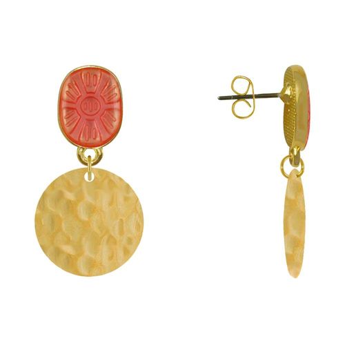 Les Poulettes Bijoux - Boucles D'oreilles Laiton Doré Ovale Soleil En Résine Et Pastille Martelée