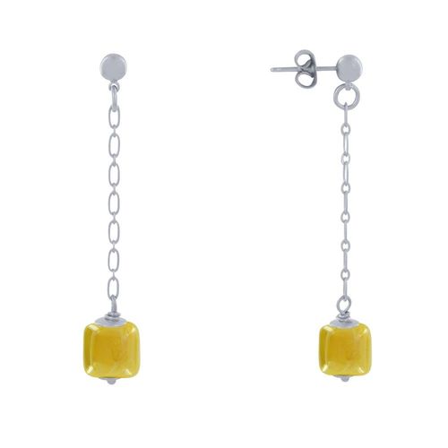 Les Poulettes Bijoux - Boucles D'oreilles Chainette Laiton Argenté Et Cube En Céramique